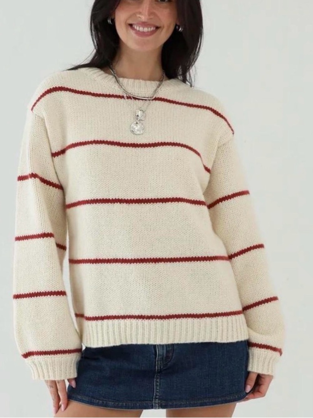 Cream Stripe Knit Sweater with Red Lines - Women